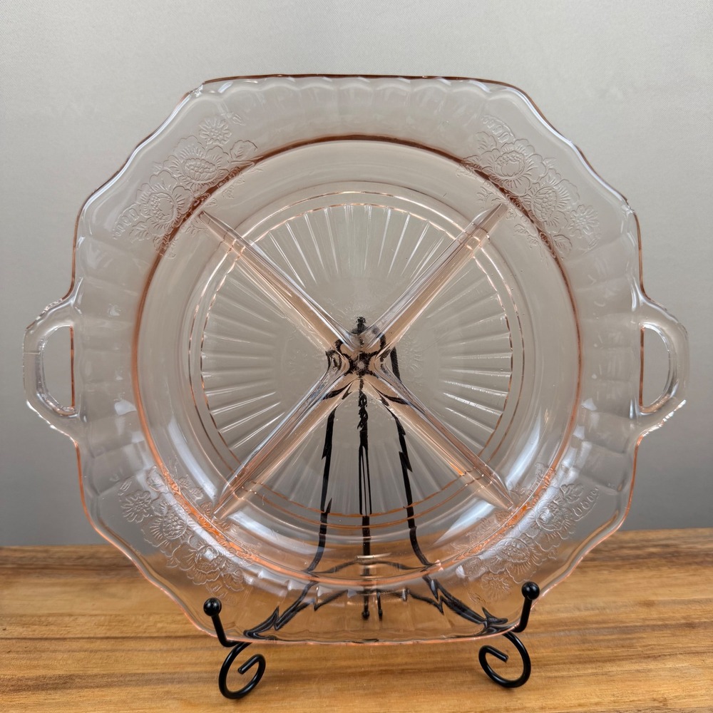 Anchor Hocking Mayfair Open Rose Pink Depression Glass Divided Grill Plate 10.5"